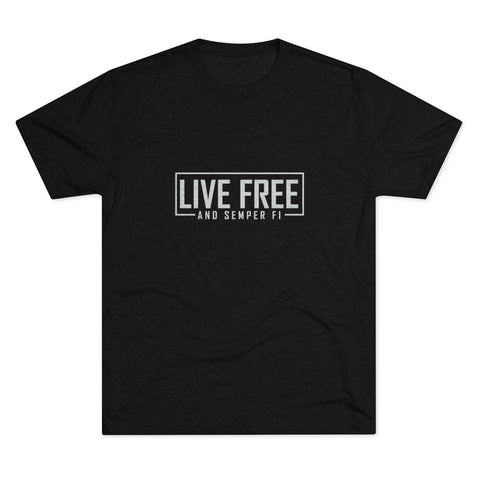 Image of Black T-shirt displaying Live Free and Semper Fi logo on chest.