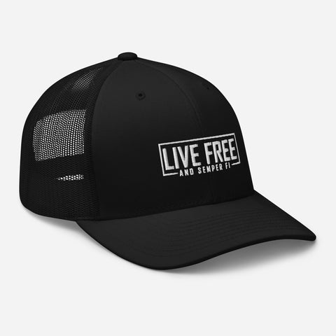 Live Free Semper Fi logo on Black Trucker Cap