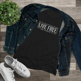 Alternate view of Black shirt displaying Live Free and Semper Fi logo dressed under a jean jacket