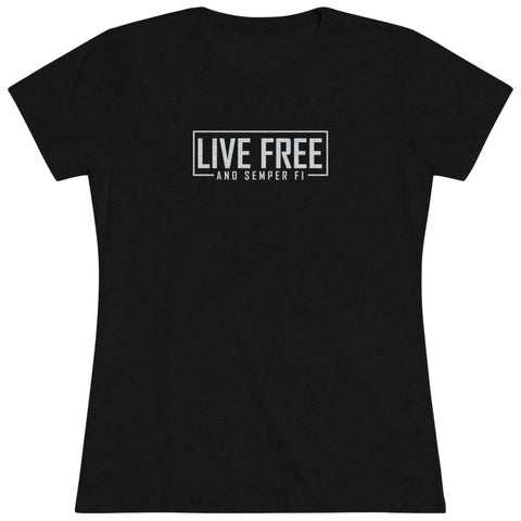 Black shirt displaying Live Free and Semper Fi logo