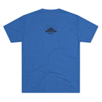 Backside of royal blue shirt displaying live free logo