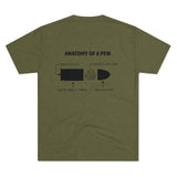 Military green shirt displaying anatomy of a pew text with image displaying components of a bullet