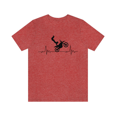 Heather red shirt displaying image of person on dirt bike riding a heartbeat line
