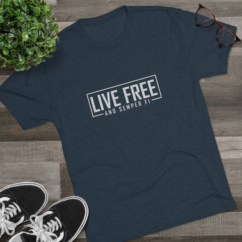 Navy shirt displaying live free and semper fi logo 