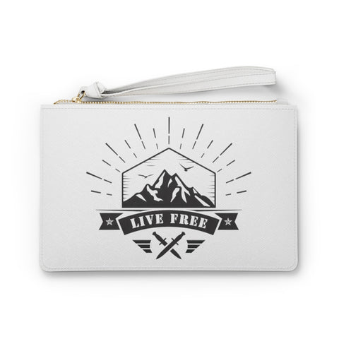Live Free logo on white zippered clutch bag