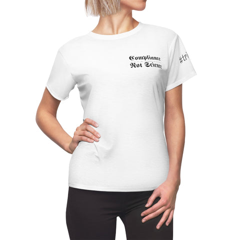 White shirt with Compliance Not Science logo displayed by model