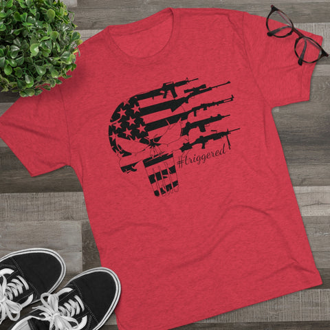 Red shirt displaying US flag covered skull with rifles and hashtag triggered logo