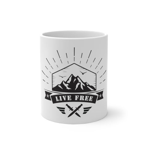 Live Free logo on a white mug