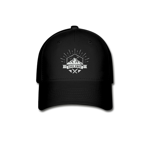 Black baseball cap displaying live free logo
